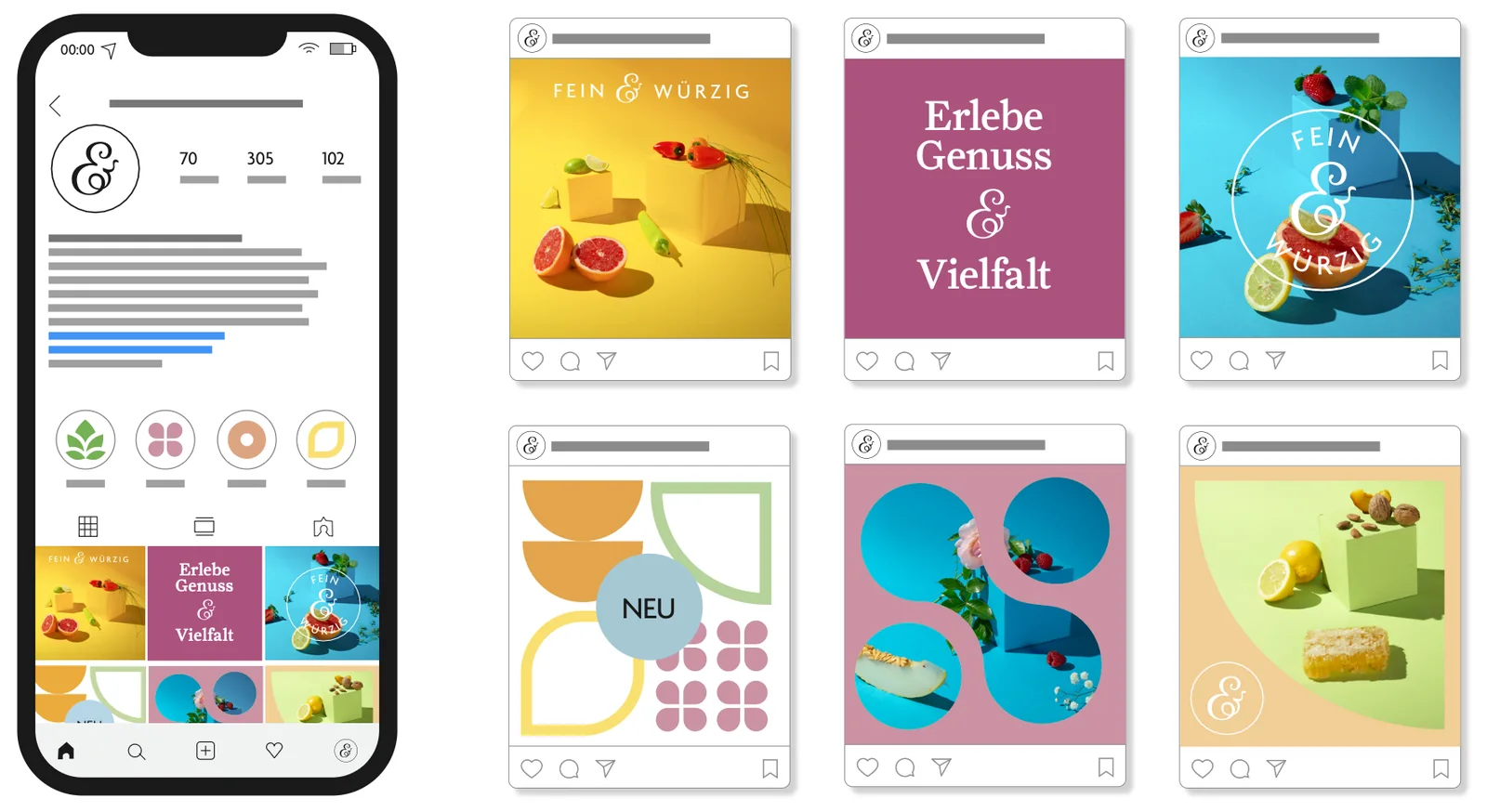 Instagram-Auftritt von Fein & Würzig mit Profil und Beiträgen in kräftigen Farben