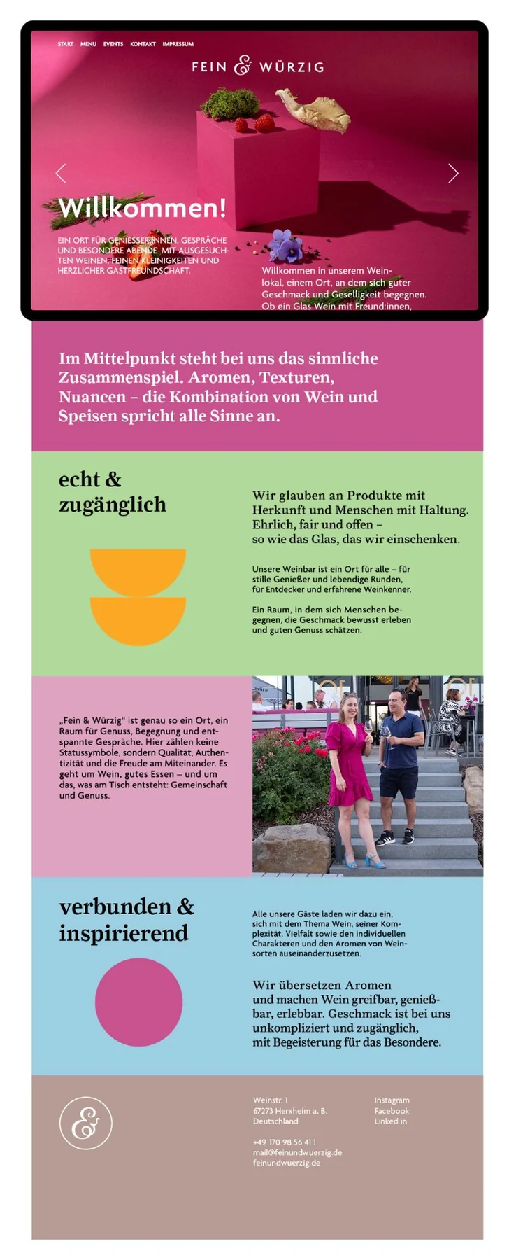 Übersicht des Webseiten-Layouts von Fein & Würzig mit Slider, Werten und Kontaktbereich
