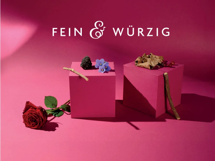 Fein & Würzig: Logo über pinken Würfeln mit Rose, Beeren und Kräutern