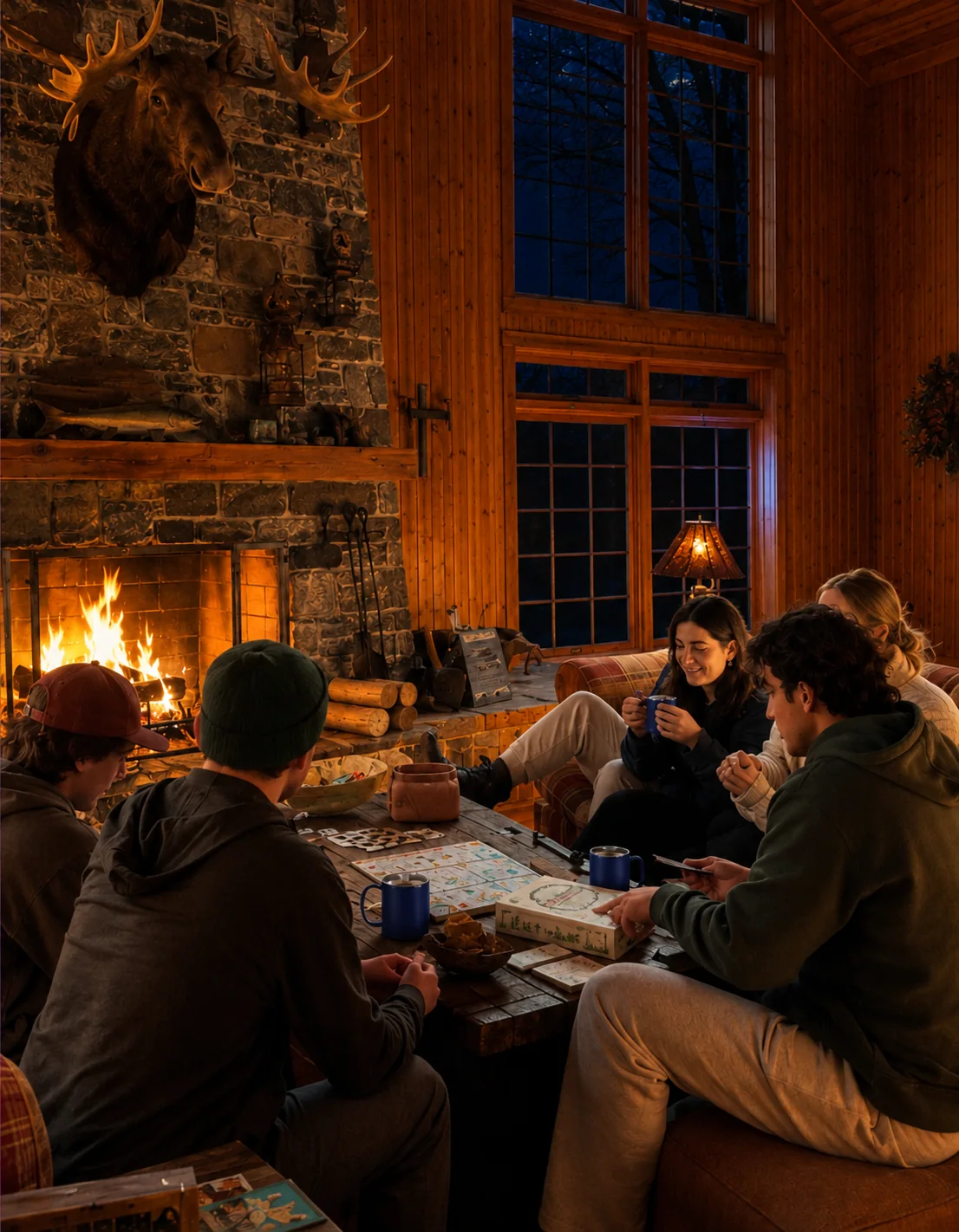 Gemütliche Berghütte mit Kamin und Leuchtschild