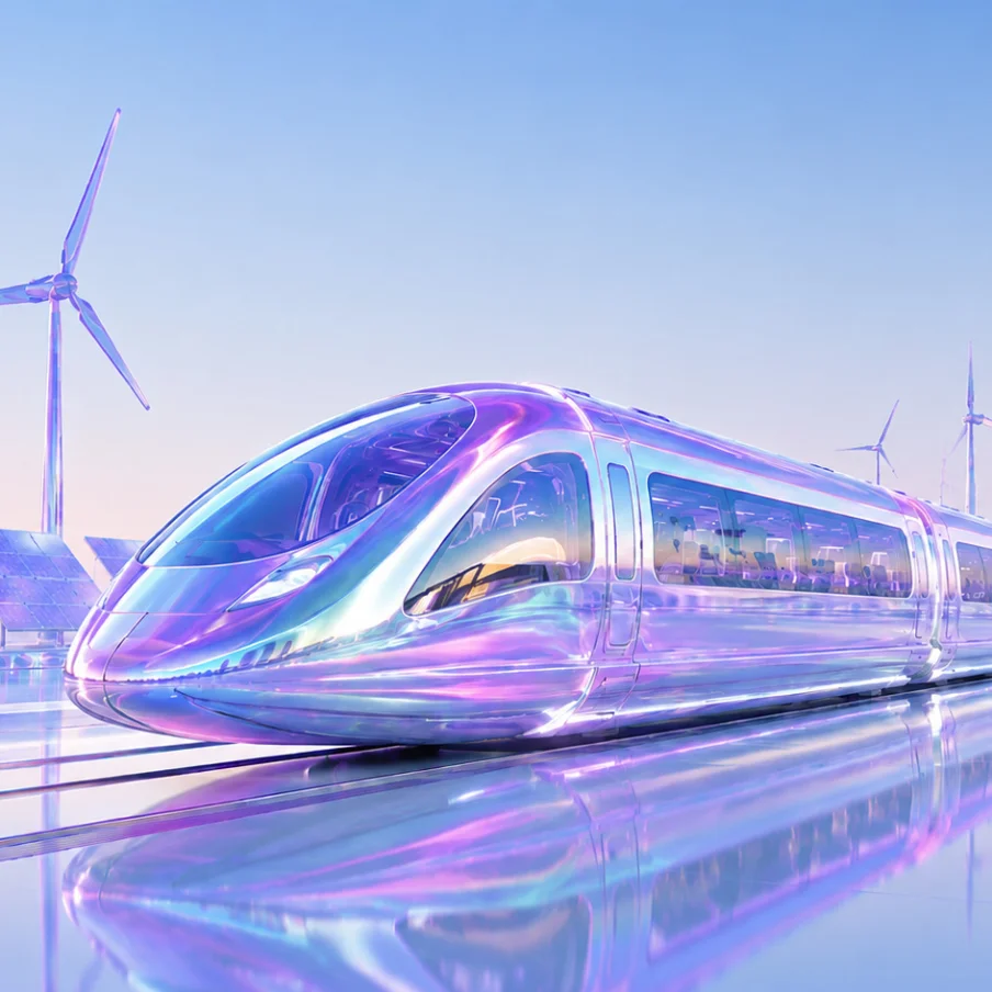Futuristischer Zug vor Windrädern