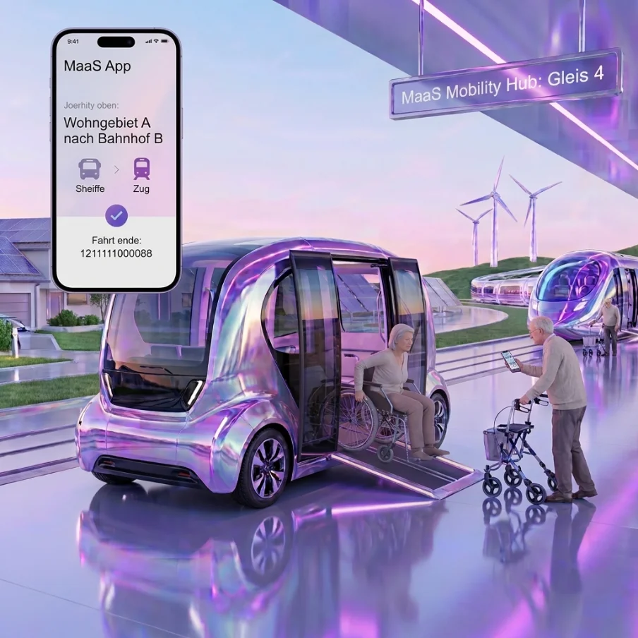 Visualisierung des Konzepts Autonomous Routes: ein autonomer Pod holt Fahrgäste an der Haltestelle ab