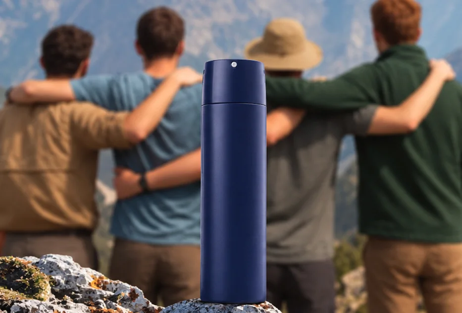 Vier Freunde stehen Arm in Arm auf einem Berg, davor ein Deo